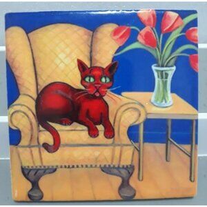 Will Rafuse Cat kitten On A Chair tile Red cat yellow chair square 4"